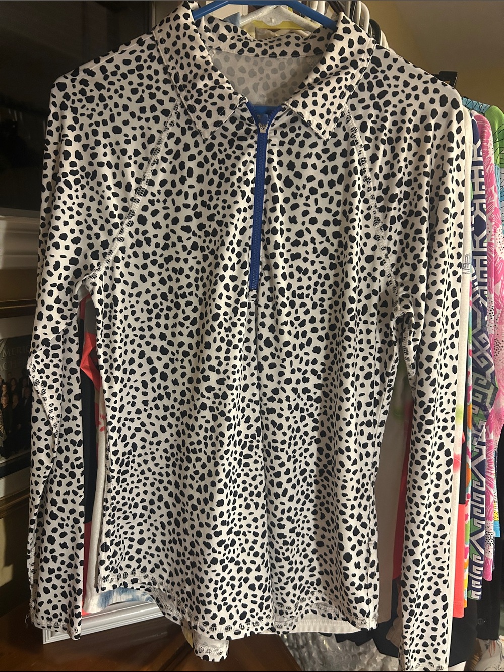 Jofit White Dalmatian-Print Long Sleeve Half-Zip Top with Blue Zipper